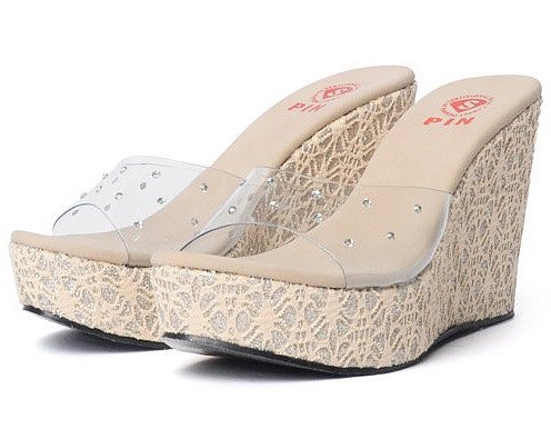 Sandalias cuña visera transparente, en beige