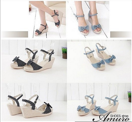 Sandalias cuña a topos y lacito, en dos colores