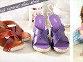 Sandalias de cu&ntilde;a en X, en marr&oacute;n y lila (detalle)
