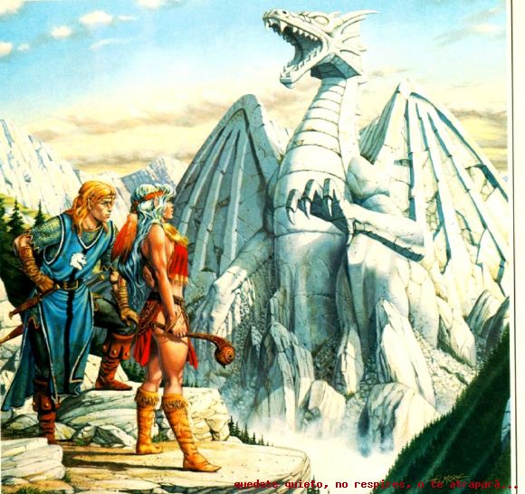 silvara y giltlanas a pie de la estatua del dragon
