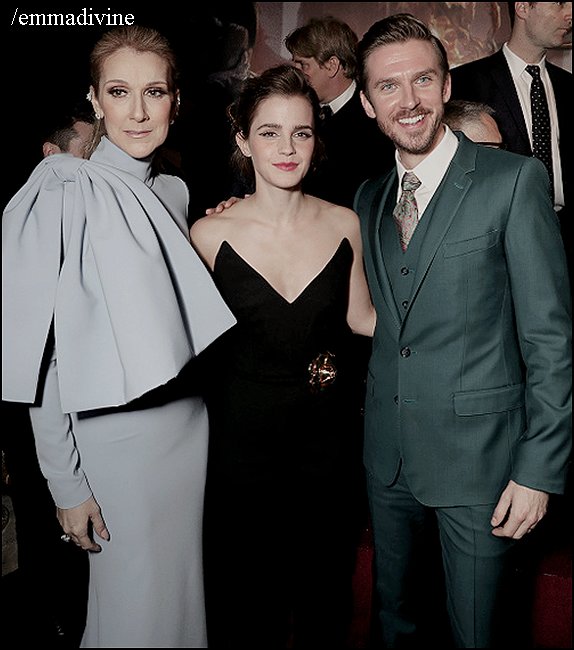 Emma Watson con Dan Stevens y Celine Dion